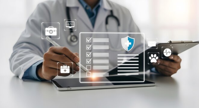 Doctor using digital technology with clipboard for medical checklist and diagnosis at the clinic to provide modern healthcare solutions.