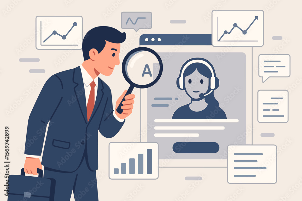Poster businessman with magnifying glass analyzes ai agent performance. concept of business intelligence, c