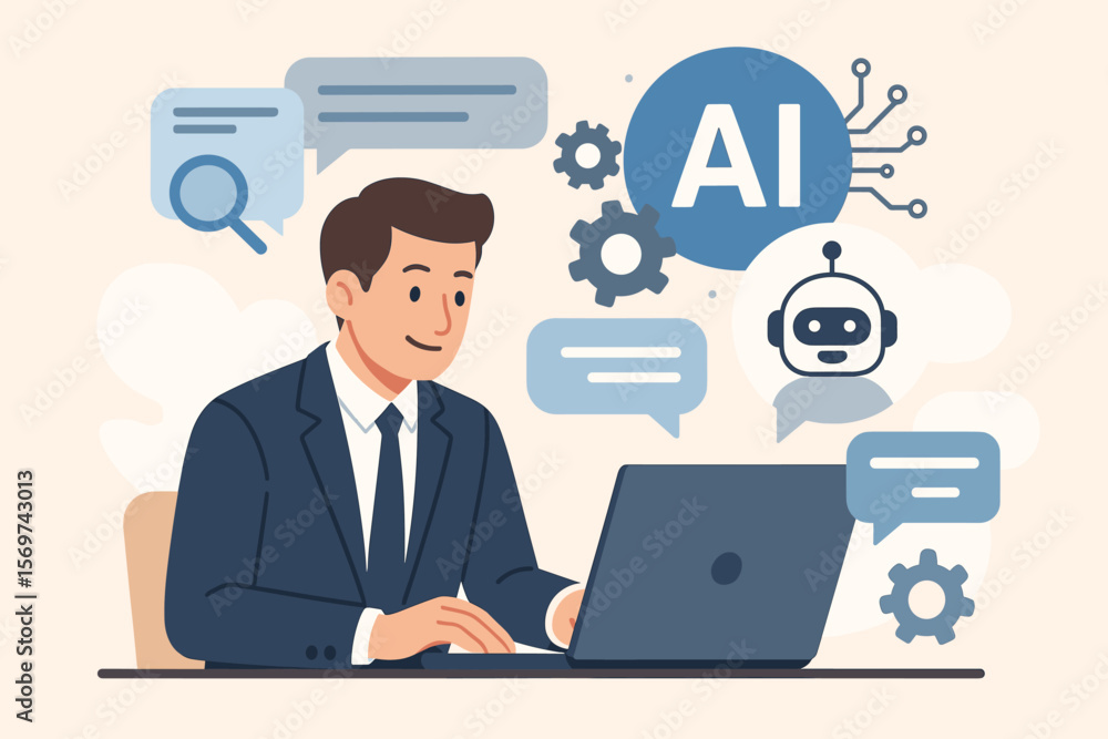 Poster businessman working on laptop with ai chatbot, artificial intelligence automation, prompt command ge