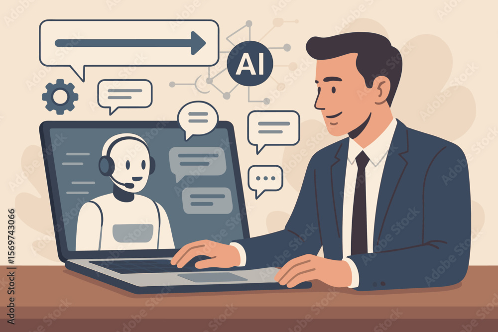 Poster businessman using laptop with ai chatbot assistant, prompt command generation, live chat support, ar