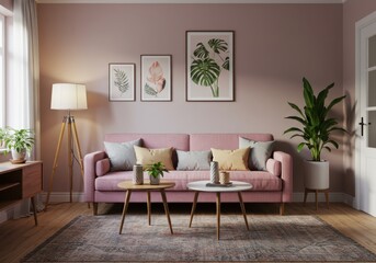 Cozy living room with pink sofa and botanical art