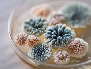 Colorful molds growing in a petri dish.
