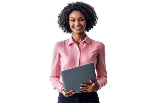African beauty businesswoman with laptop on white