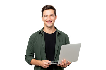 handsome young man with laptop on white