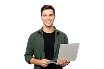 handsome young man with laptop on white