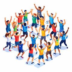 Diverse Group of Athletes Celebrating Victory with Arms Raised in Isometric View Wearing Blue Red Yellow and Green Uniforms