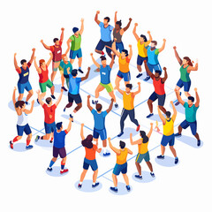 Diverse Group of People Cheering and Celebrating Team Success in Isometric View with Bright Colors and Energetic Poses on White Background
