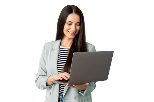 Smilling business woman with laptop on white