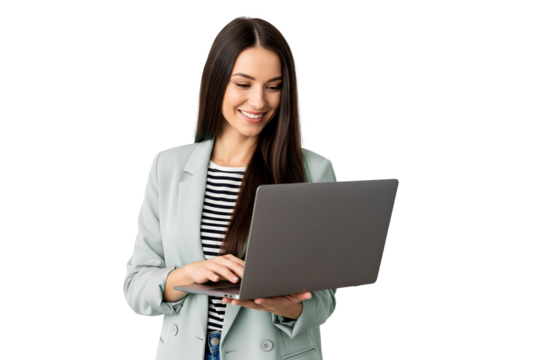Smilling business woman with laptop on white
