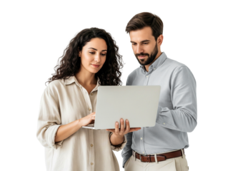 young couple with laptop on white