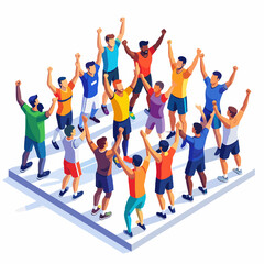 Diverse Team Cheering in Celebration with Raised Arms in Isometric View Success Unity Victorious Group Achievement Sport Illustration