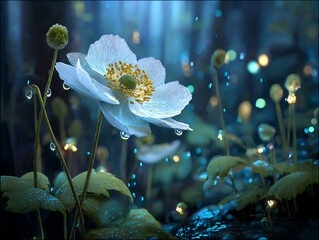 Beautiful white flower in serene forest setting.