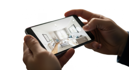A person's hands holding a smartphone displaying a living room interior.