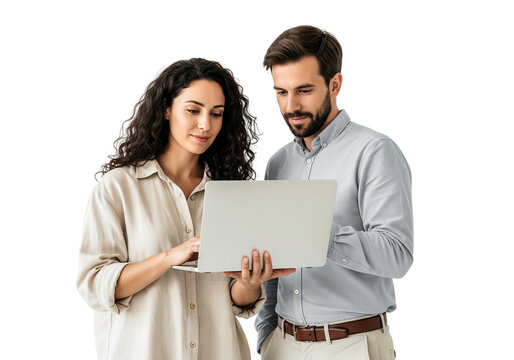 young couple with laptop on white
