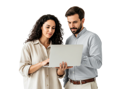 young couple with laptop on white - Powered by Adobe