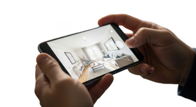A person's hands holding a smartphone displaying a living room interior.