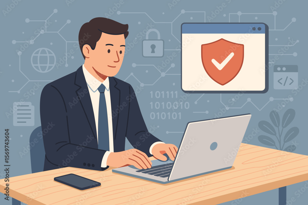 Poster businessman using laptop office desk cyber security data protection technology internet network soft