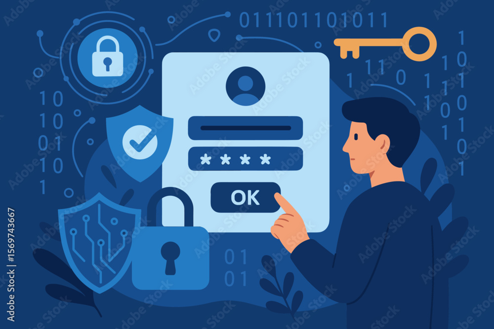 Poster cybersecurity login authentication, secure password access, data protection, information security, e