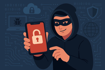 Cybercrime hacker in hoodie holding smartphone with unlocked padlock icon, internet scam, data breach, digital security threat, mobile hacking, cybersecurity, malware, online fraud