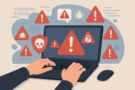 Cybersecurity threat alert concept. Hands typing on laptop with multiple digital warning signs, data breach, malware, virus, ransomware, hacking, IT security risk, system error