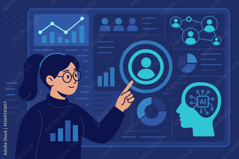 Poster futuristic digital interface with customer data analytics, ai-driven target audience identification,