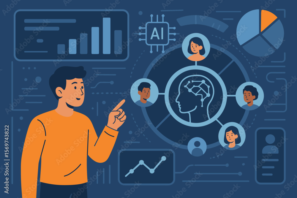 Poster futuristic ai data analytics interface for customer segmentation, target audience identification, ma