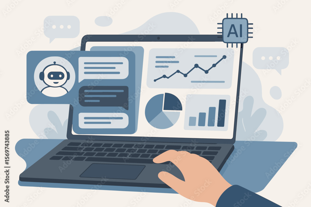 Poster hand using laptop with ai chatbot interface, virtual assistant, analytics dashboard, data visualizat
