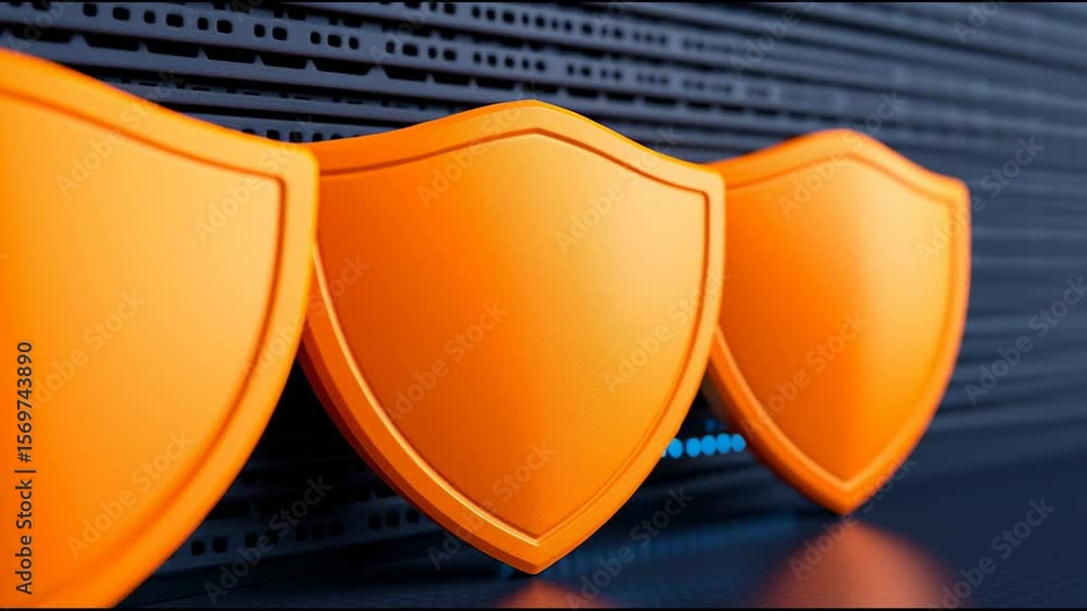 Poster three bright orange shields are aligned in front of a server rack, representing cybersecurity and da