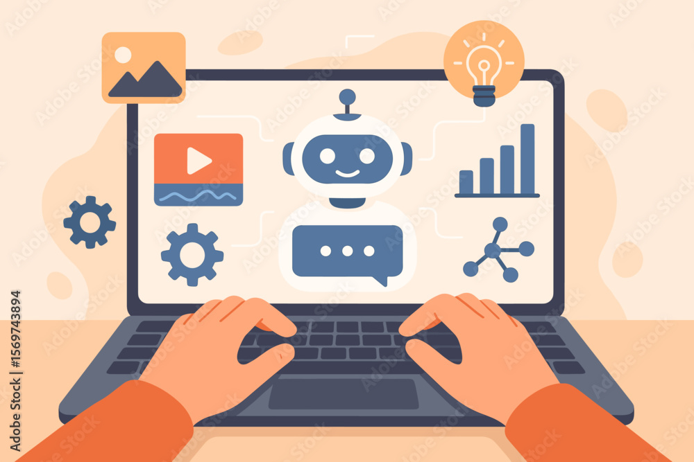 Poster hands typing on laptop with ai assistant interface, multimedia icons, data analytics, automation, sm