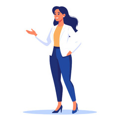 Elegant Businesswoman in White Blazer and Blue Pants Presenting with Confidence in a Modern Vector Illustration
