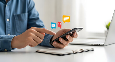 A person uses a smartphone with chat bubbles above it, next to a laptop and notepad on a white desk.