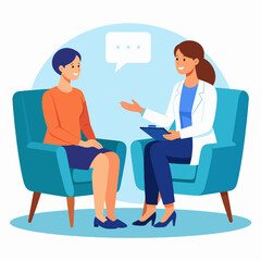 Female Doctor Consulting Patient in Blue Armchair Offering Guidance and Support During Therapy Session with Orange Shirt and White Coat