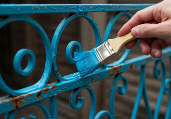 Close-up of brush applying glossy blue paint on a rusty iron railing