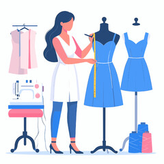 Female Fashion Designer in Studio Measuring Blue Dress on Mannequin Surrounded by Sewing Equipment and Clothing in a Brightly Lit White Background