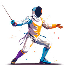 Obraz premium Fencer in Action with Sword and Protective Gear in Dynamic Stance White Yellow Blue and Purple Colors