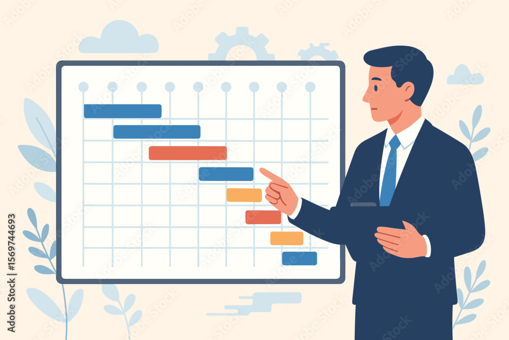 Poster businessman project manager reviewing gantt chart timeline, resource planning, task scheduling, work