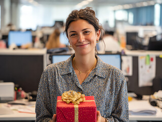 Smiling woman holding a gift in office setting.