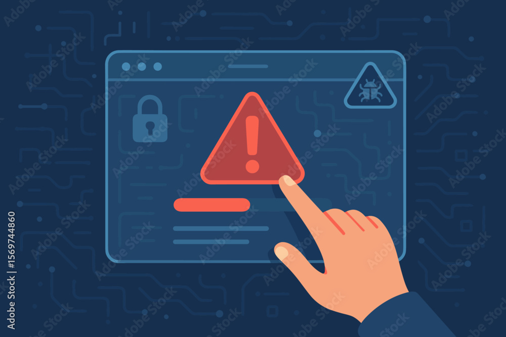 Poster cybersecurity warning alert on digital interface with hand touching exclamation sign, malware threat