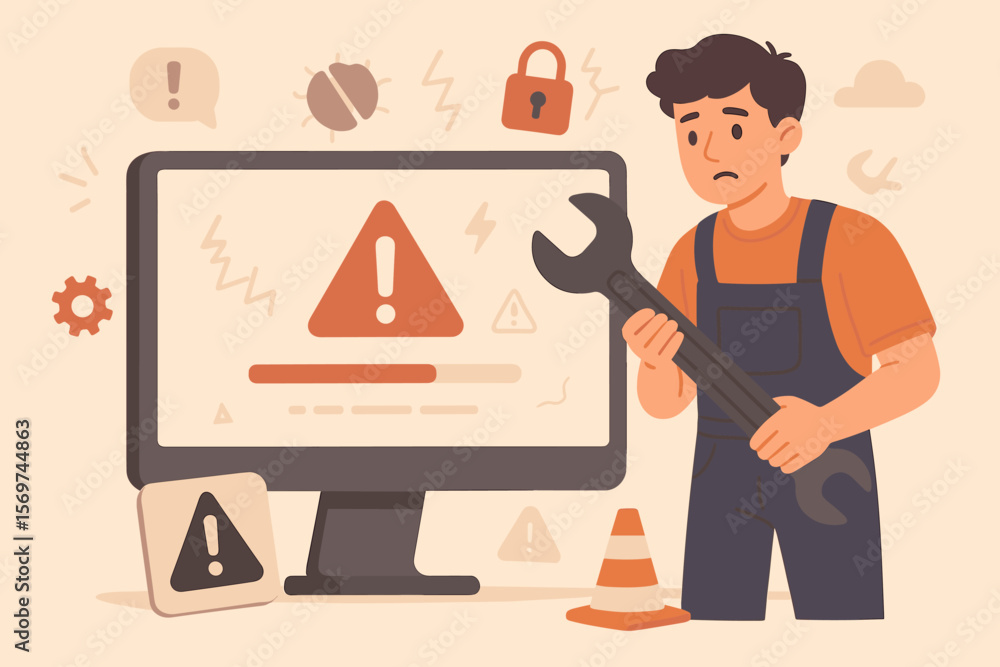 Poster computer system error warning, software problem, hardware failure, security alert, caution, maintena