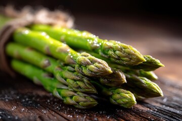 A bundle of fresh green asparagus spears bound with twine resting on a rustic wooden surface