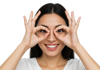 Smiling woman making binoculars gesture with her hands isolated on transparent background