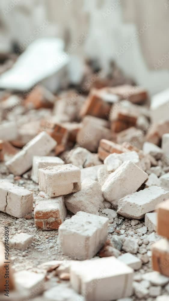 Poster powerful seismic simulation revealing intense ground motion, causing brick structures crumbling and 