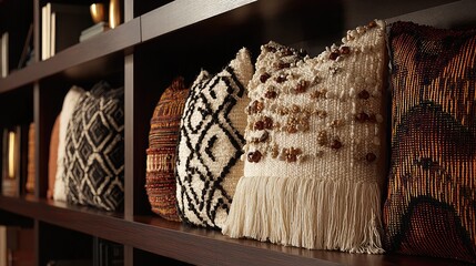 A group of handcrafted pillows in rich textures displayed on dark wooden shelving