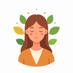 Illustration of a Brown Haired Woman in Relaxed Meditation Surrounded by Green Leaves on White Background