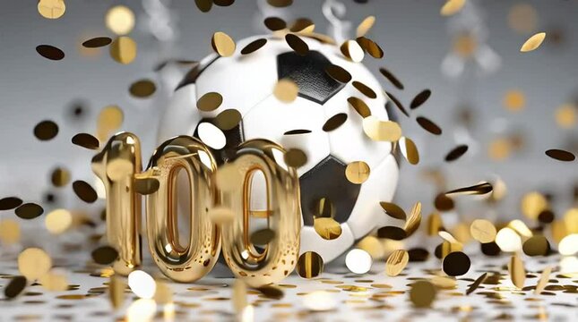 Fu&szlig;ball mit goldener 100 &ndash; Konfetti regnet von oben herab