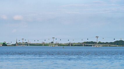 Aerovía cable cars crossing the Guayas River, viewed from Malecón 2000 near Puerto Santa Ana.
