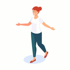 Fototapeta premium Isometric Full Body Portrait of a Smiling Woman in White T Shirt and Blue Jeans Walking on White Background