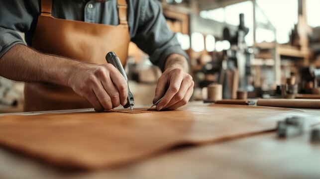 Crafting leather goods in a workshop with skilled hands focused on precision during daylight hours