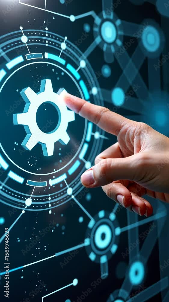 Poster a hand with an index finger pointing at a gear icon on a futuristic digital interface with blue and 