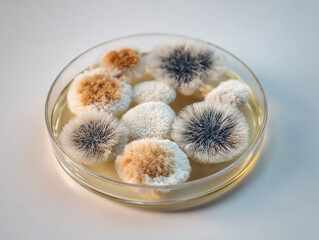 Petri dish with various fungal cultures.